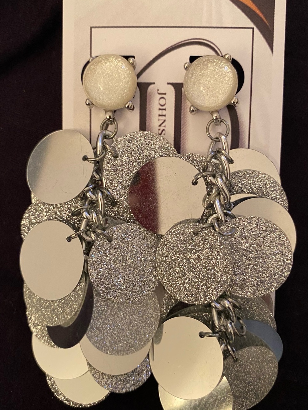 Cascading Silver Mirror & Glitter Disc Statement Earrings